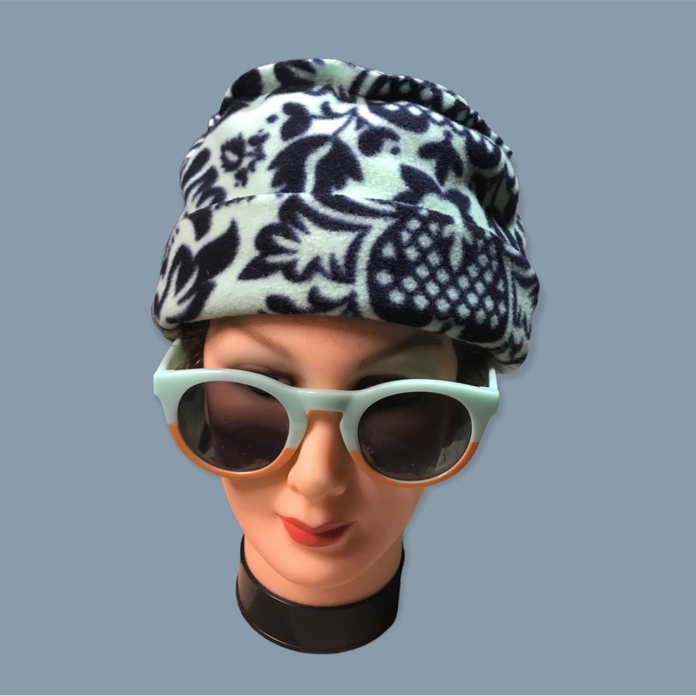 Soft fleecy handmade beanie. Dark blue and aqua.